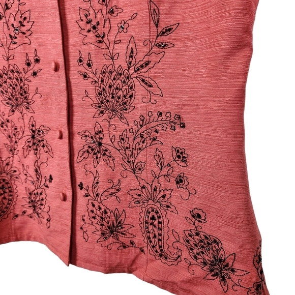 SilkLand 100% Silk Coral Button Down Black Beaded Embroidered Blouse Medium - Picture 4 of 9